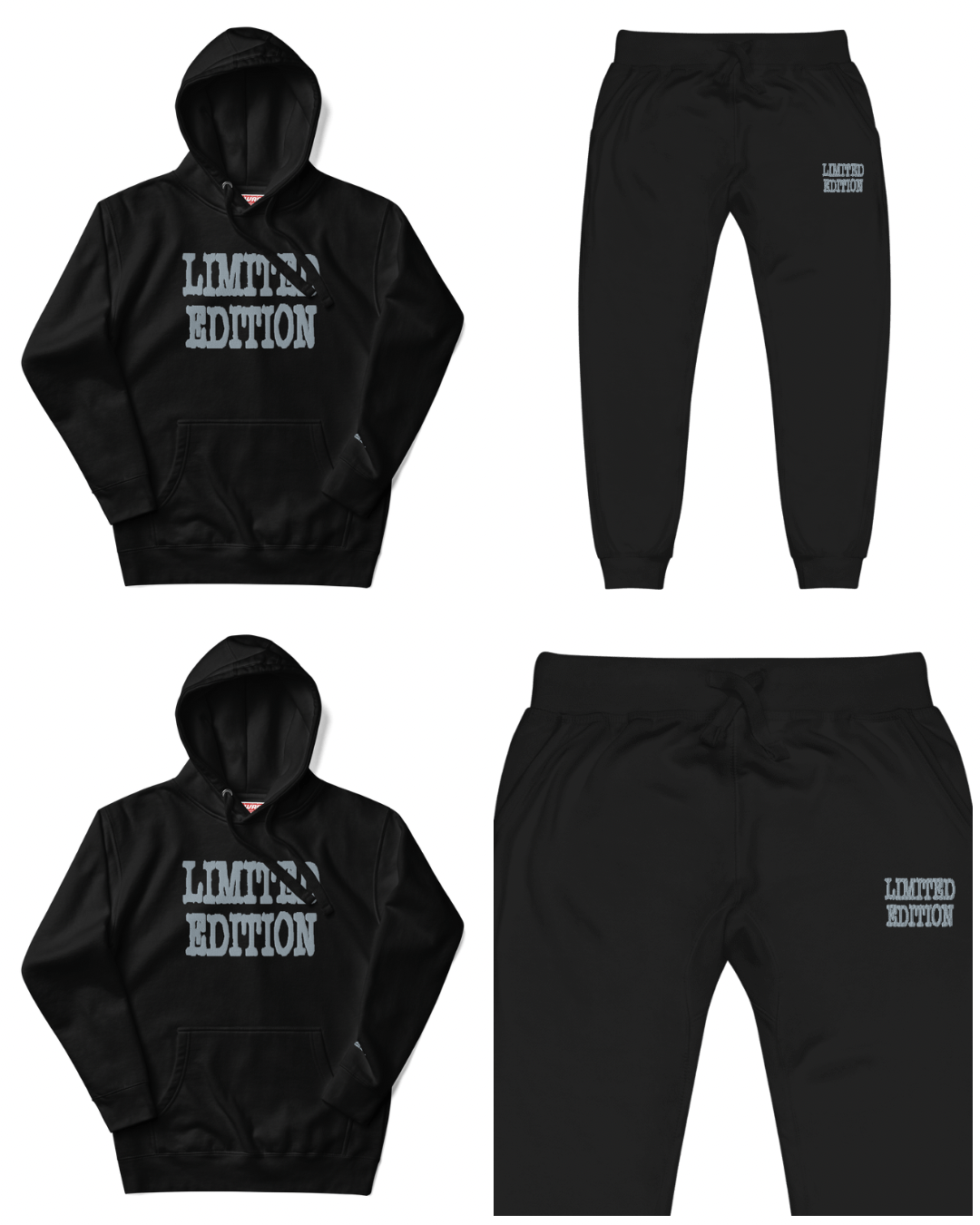 Limited Edition Gray embroidered sweatsuit set top and bottom for unisex adults, featuring bold gray lettering on black hoodie and joggers.