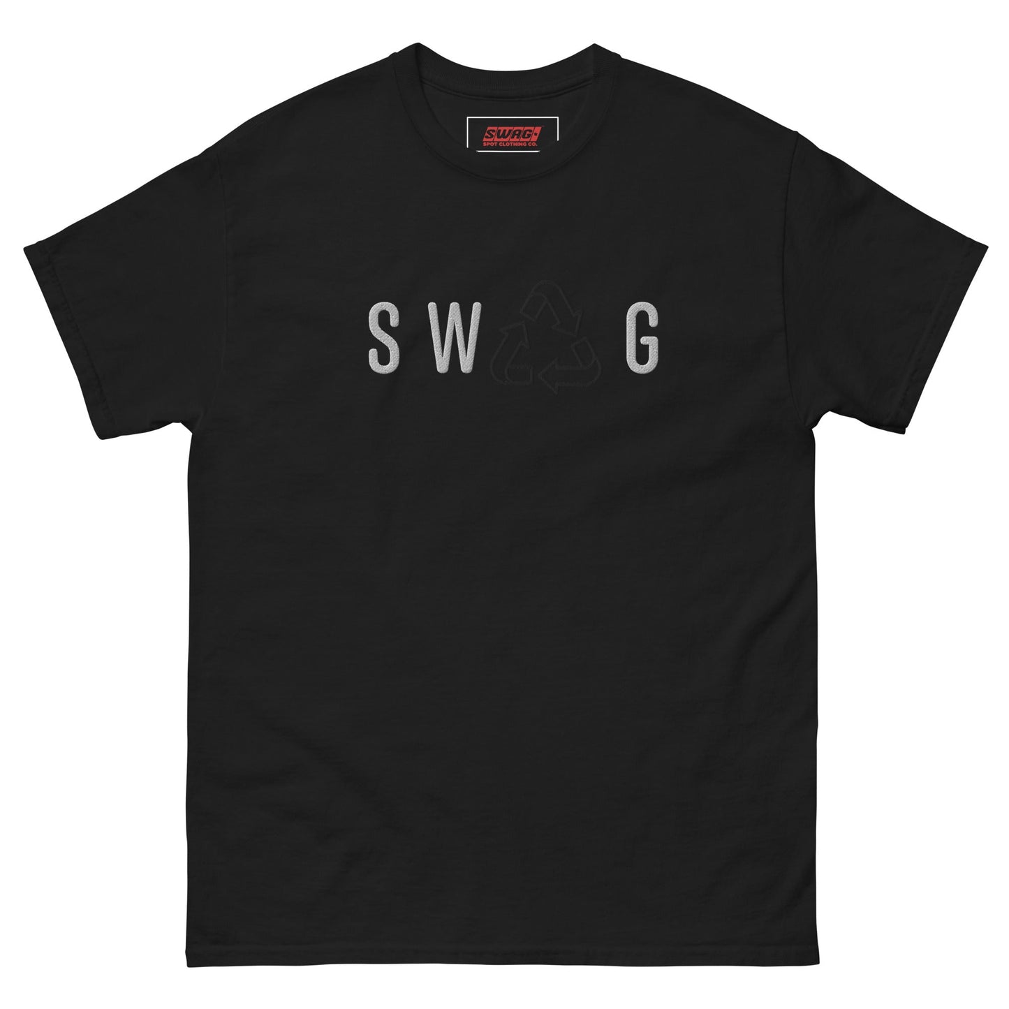 Recycled Swag Embroidered Men’s T-shirt in black with bold SWAG text and recycle symbol, ideal for eco-conscious streetwear style.