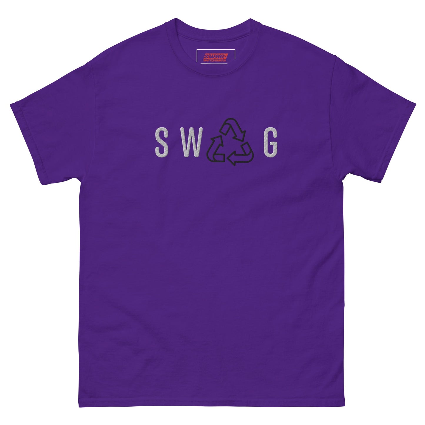 Recycled Swag Embroidered Men’s T-shirt in purple with stylish SWAG text and recycle emblem, combining comfort with sustainability.