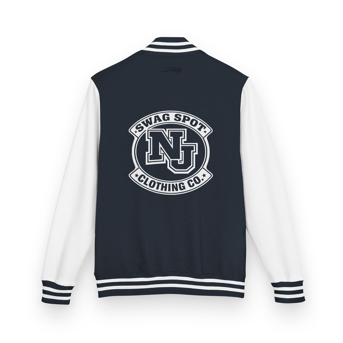 Back of SSC NJ Collegiate Varsity Jacket in navy with white NJ Swag Spot Clothing Co. graphic