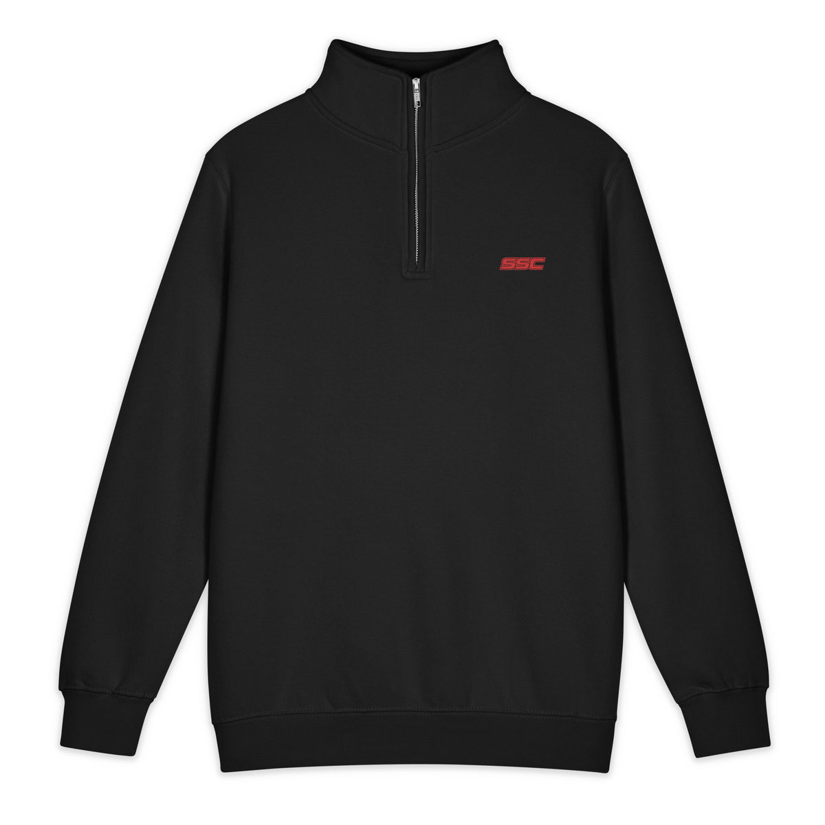 Front view of SSC Signature Black Quarter-Zip Sweatshirt with a small red SSC logo at the left chest