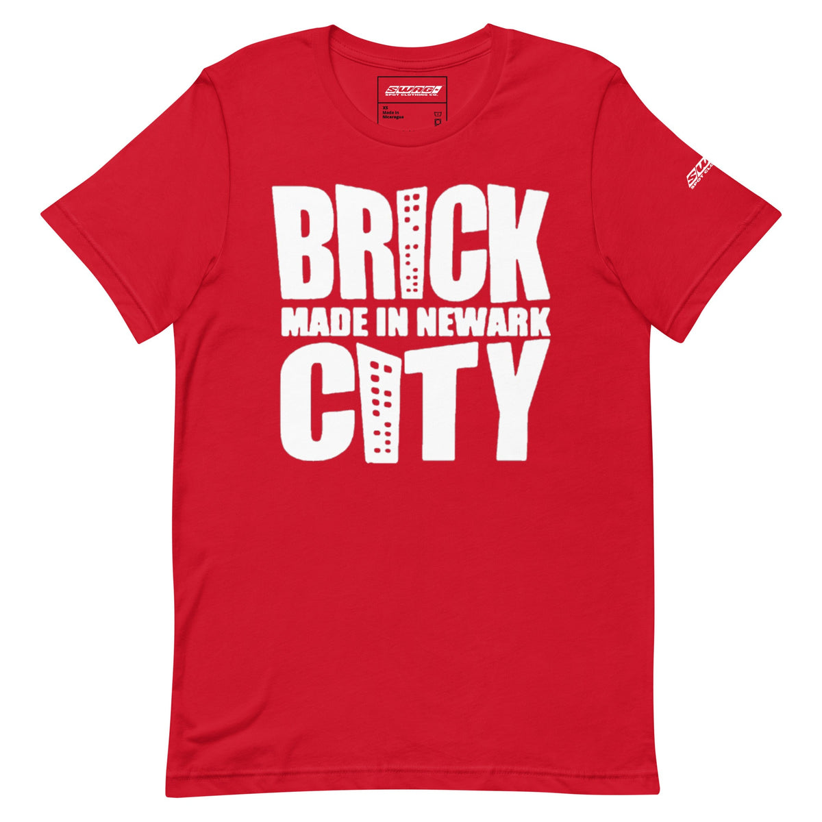 Red SSC Brick City Made T-Shirt – White Print, front view.