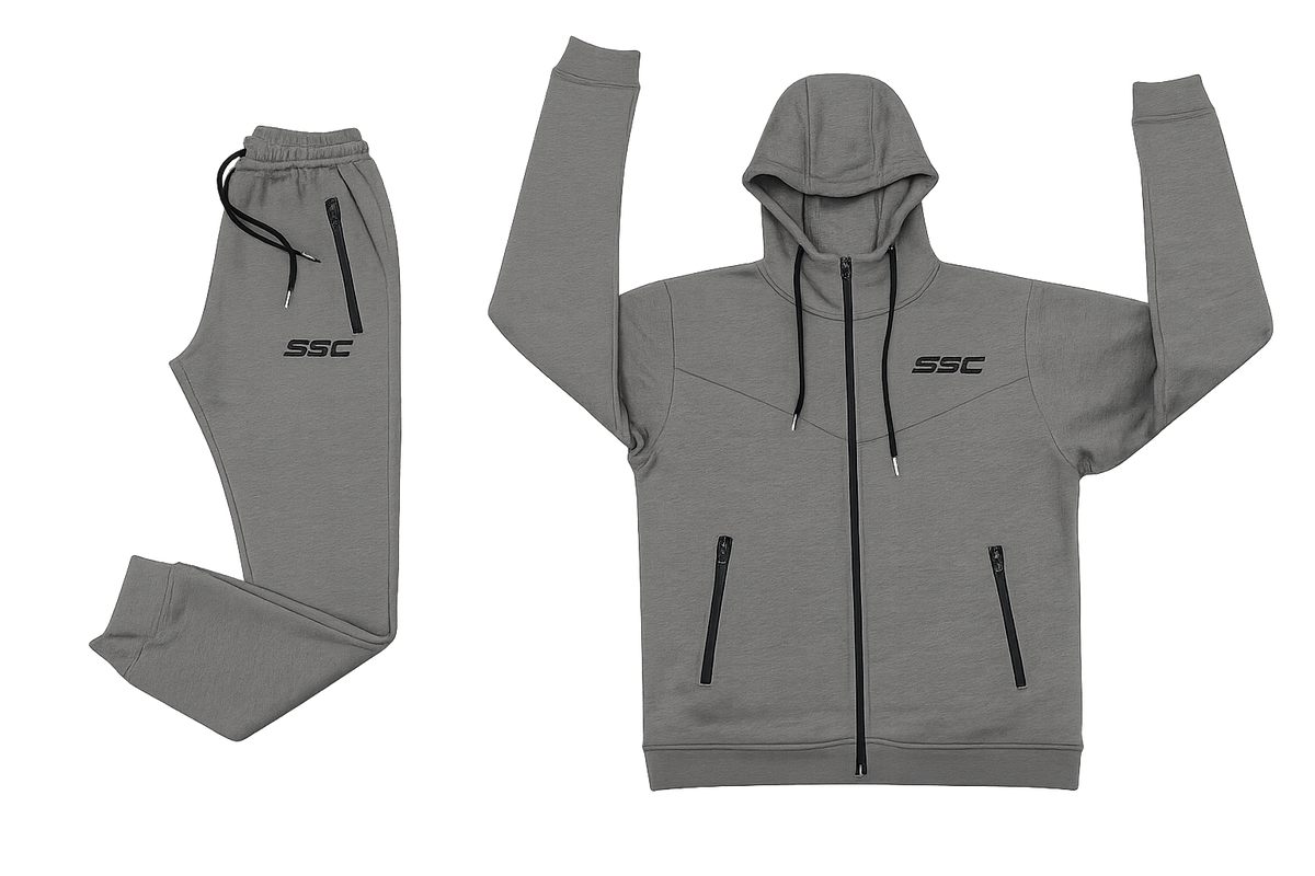 SSC CORE Gray Tech Suit hoodie construction drawings showing front and back garment views.