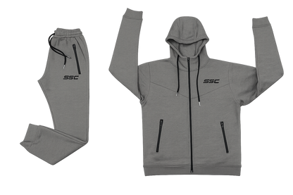 SSC CORE Gray Tech Suit hoodie construction drawings showing front and back garment views.
