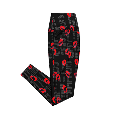 Black with red kiss print SSC Girls Love Swag Kiss Print Pocket Leggings, folded product view.