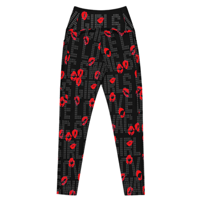 Black with red kiss print SSC Girls Love Swag Kiss Print Pocket Leggings, front product view.