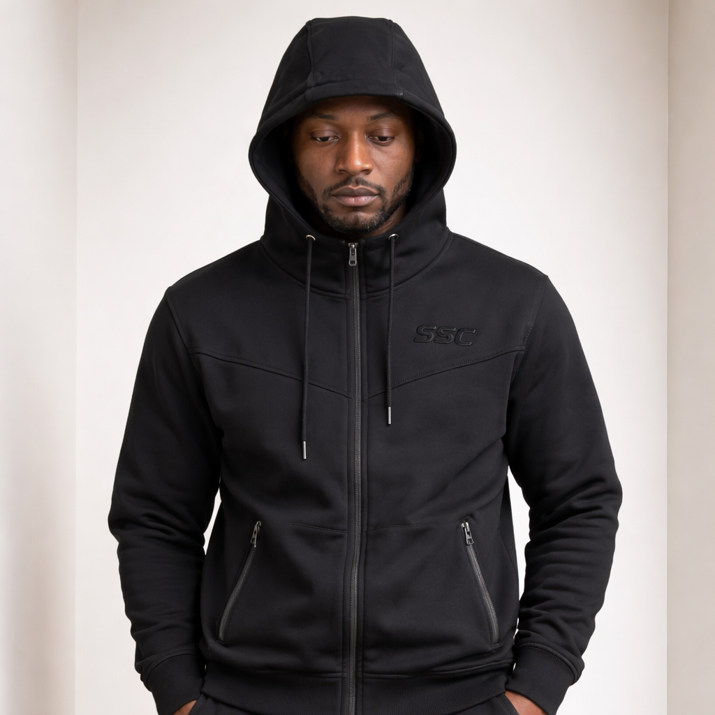 Black SSC CORE Tech Suit premium matching hoodie and joggers by Swag Spot Clothing Co