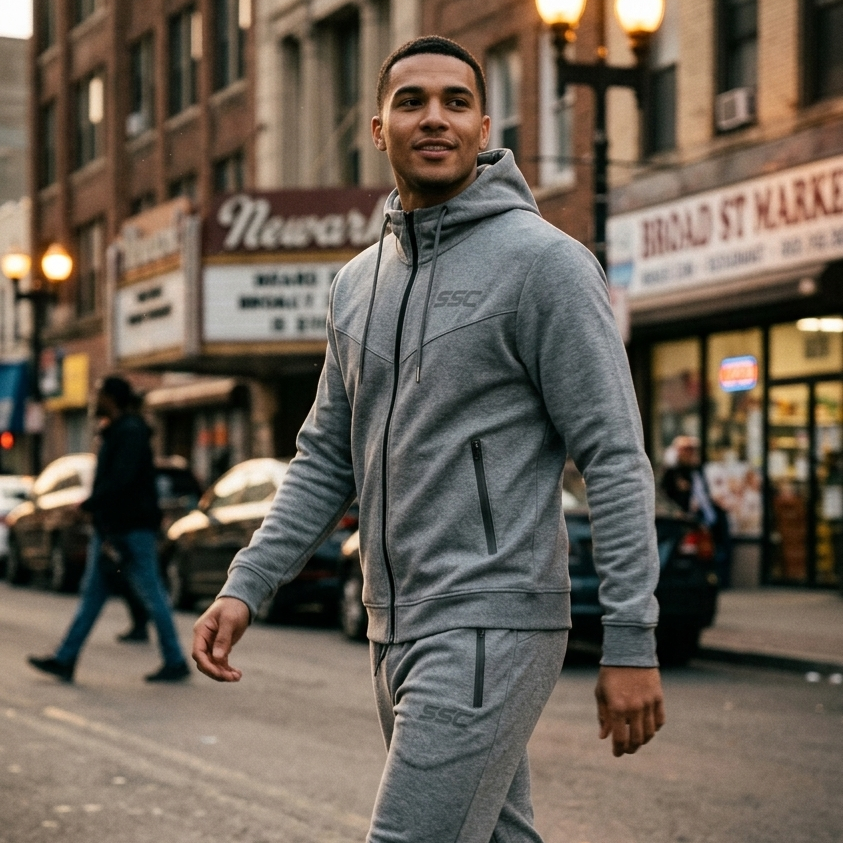 Gray SSC CORE Gray Tech Suit, model wearing full-zip hoodie and tapered joggers outdoors on city street.