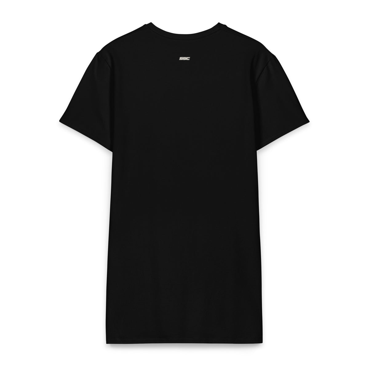 Back view of the SSC Black / Bone T-Shirt Dress with a discreet bone SSC logo below the collar