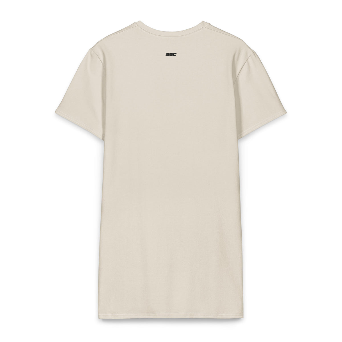Back view of SSC Bone / Black T-Shirt Dress with a small SSC logo below the back collar