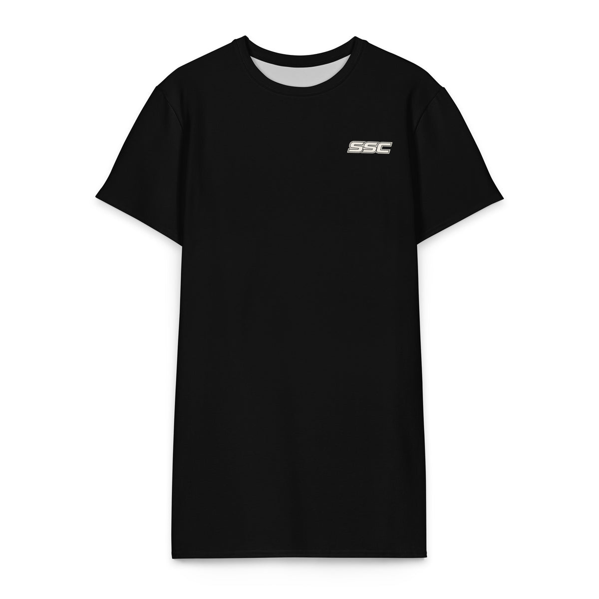 Front view of the SSC Black / Bone T-Shirt Dress with a small bone SSC logo on the left chest