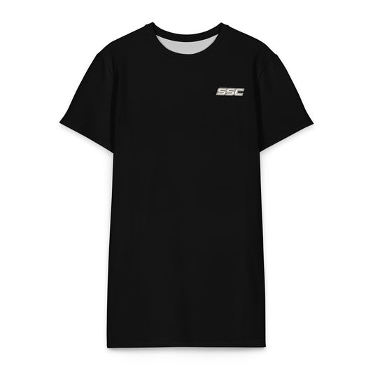 Front view of the SSC Black / Bone T-Shirt Dress with a small bone SSC logo on the left chest