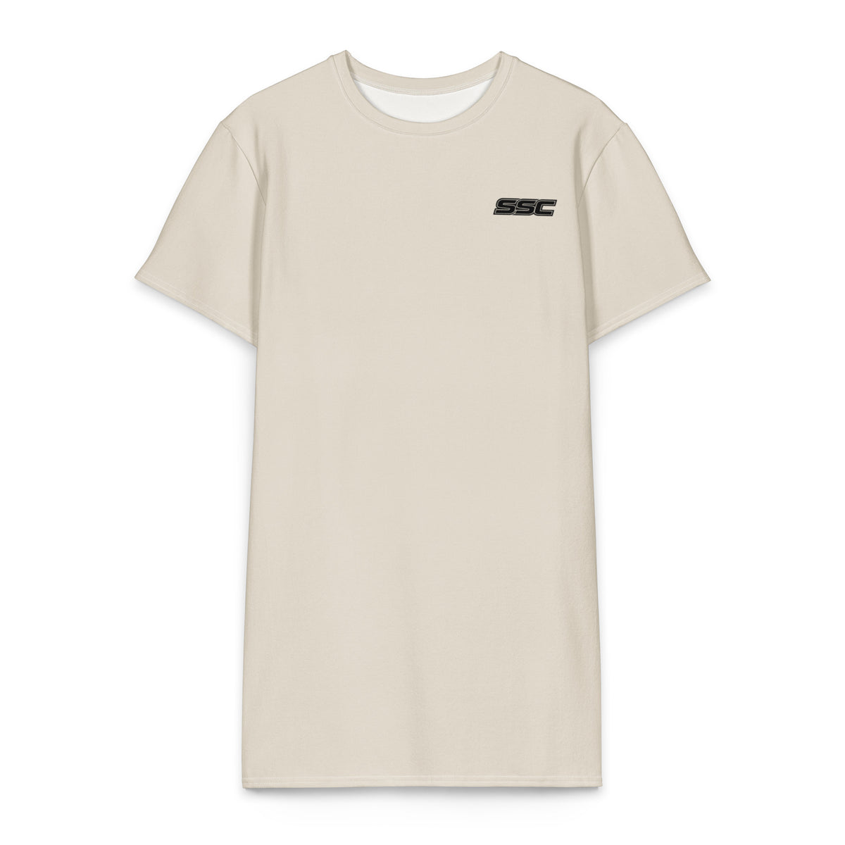 Front view of SSC Bone / Black T-Shirt Dress with small SSC left-chest logo
