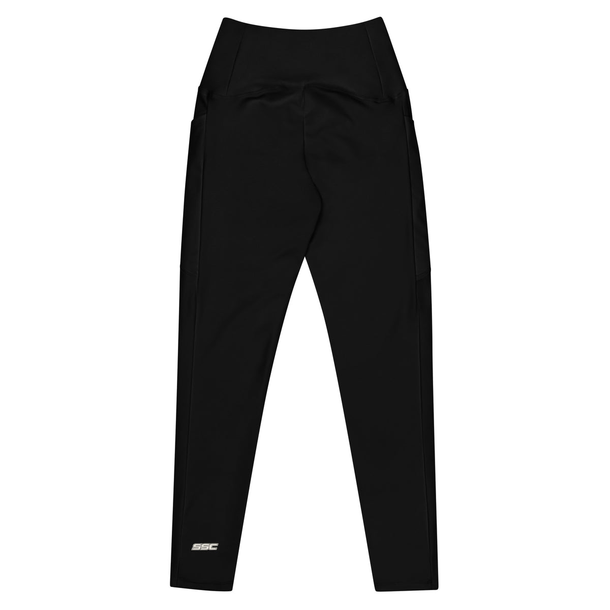 Back view of SSC Black / Bone Leggings with small SSC logo above the rear left ankle