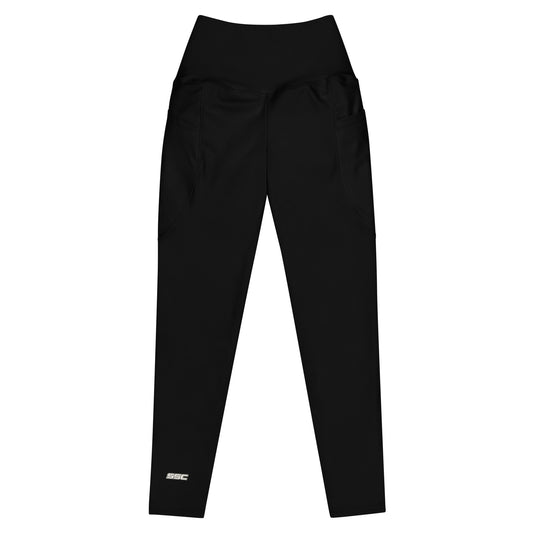 Front view of SSC Black / Bone Leggings with high waist and subtle SSC branding