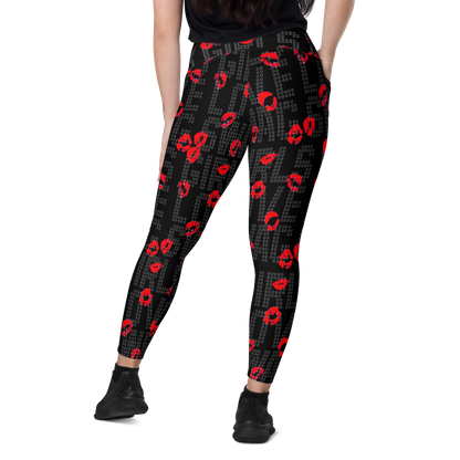 Black with red kiss print SSC Girls Love Swag Kiss Print Pocket Leggings, front view on model.