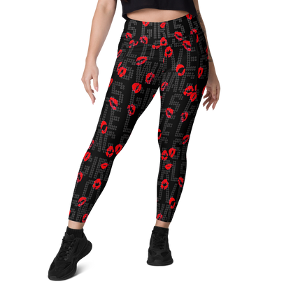 Black with red kiss print SSC Girls Love Swag Kiss Print Pocket Leggings, front view on model.