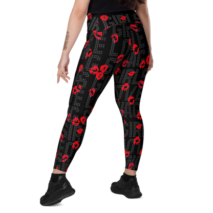 Black with red kiss print SSC Girls Love Swag Kiss Print Pocket Leggings, back view on model.