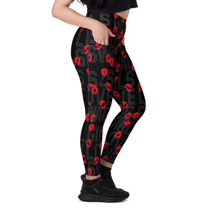 Black with red kiss print SSC Girls Love Swag Kiss Print Pocket Leggings, waist and pocket detail on model.