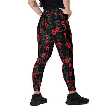 Black with red kiss print SSC Girls Love Swag Kiss Print Pocket Leggings, side view on model.