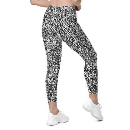Black-and-white maze-print SSC Black & White Maze Pocket Leggings, side view on model.