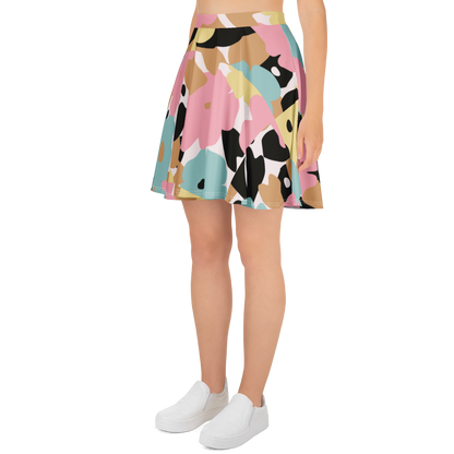 Multicolor pastel-camouflage SSC Pastel Camo Skater Skirt, side view on model.