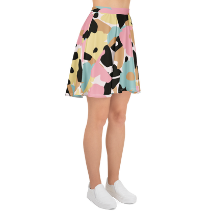 Multicolor pastel-camouflage SSC Pastel Camo Skater Skirt, front view on model.