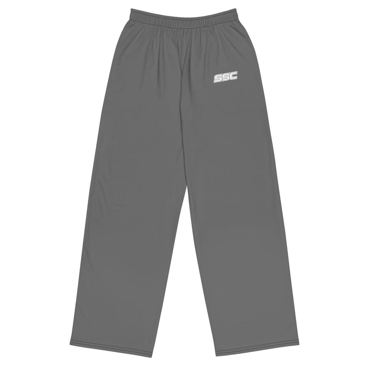 Front view of SSC NJ Collegiate grey wide-leg pants with a white SSC logo on the upper left leg