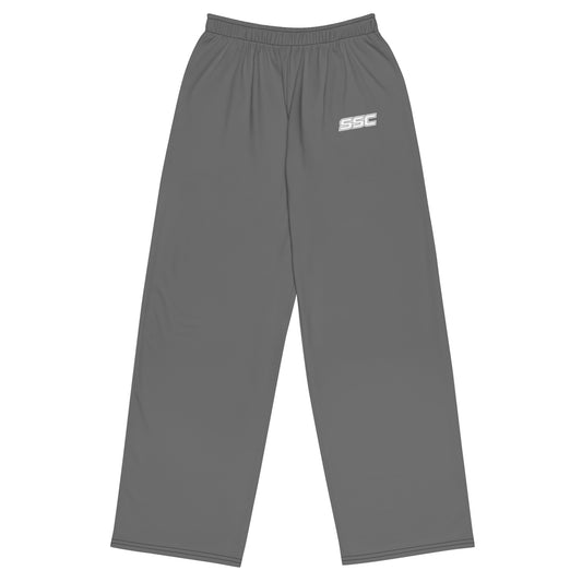 Front view of SSC NJ Collegiate grey wide-leg pants with a white SSC logo on the upper left leg
