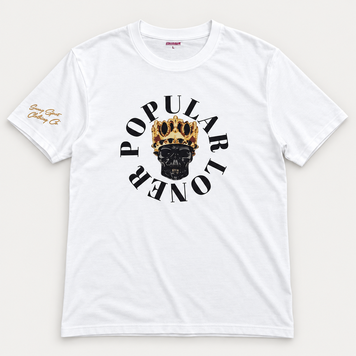 White SSC Popular Loner Skull Gold Standard T-Shirt, full front studio view with gold crown graphic and sleeve branding.