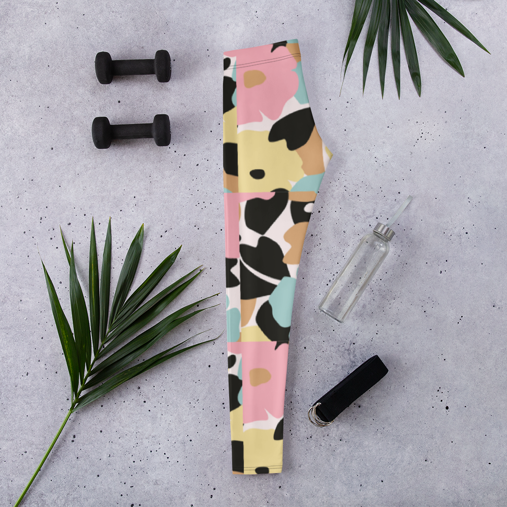 Flat lay of SSC Pastel Camo Leggings with workout accessories
