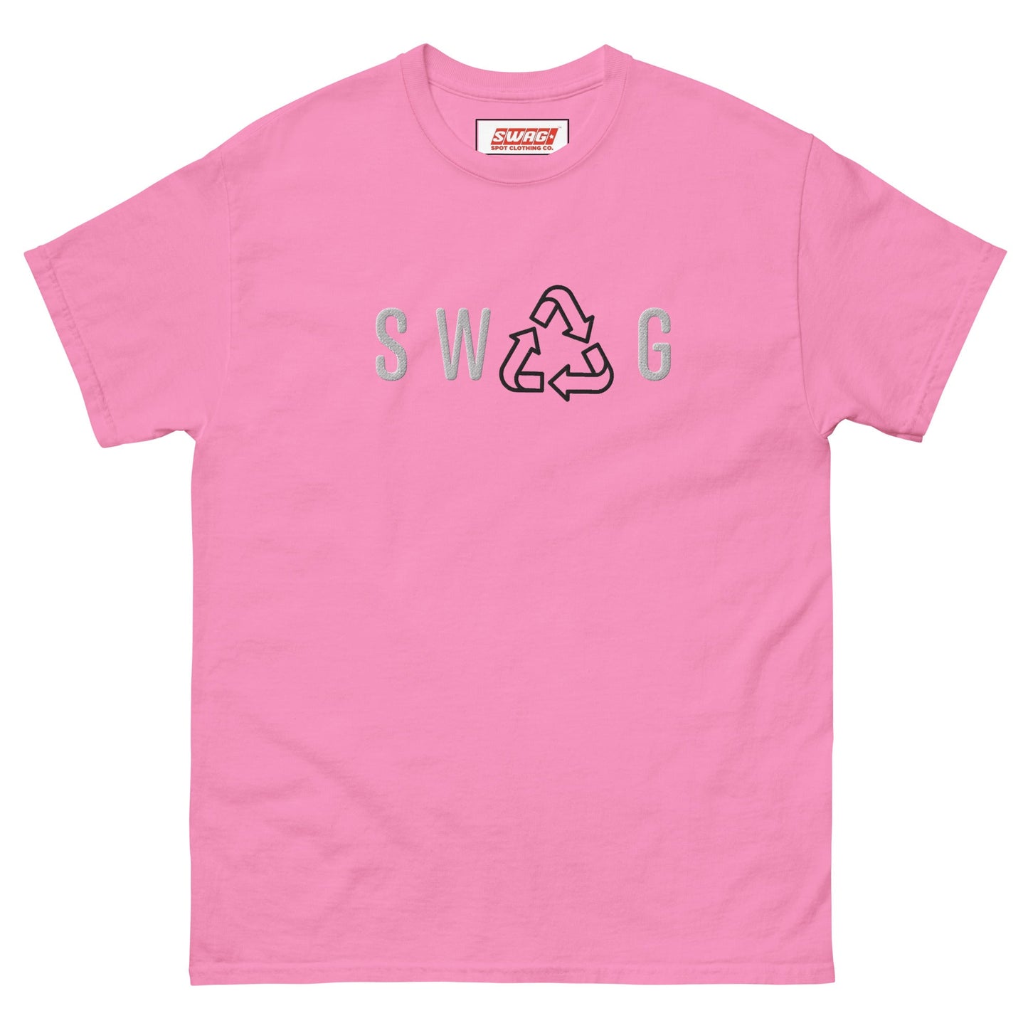 Recycled Swag Embroidered Men’s T-shirt in pink with SWAG text and recycle logo, combining playful color with eco-friendly design.