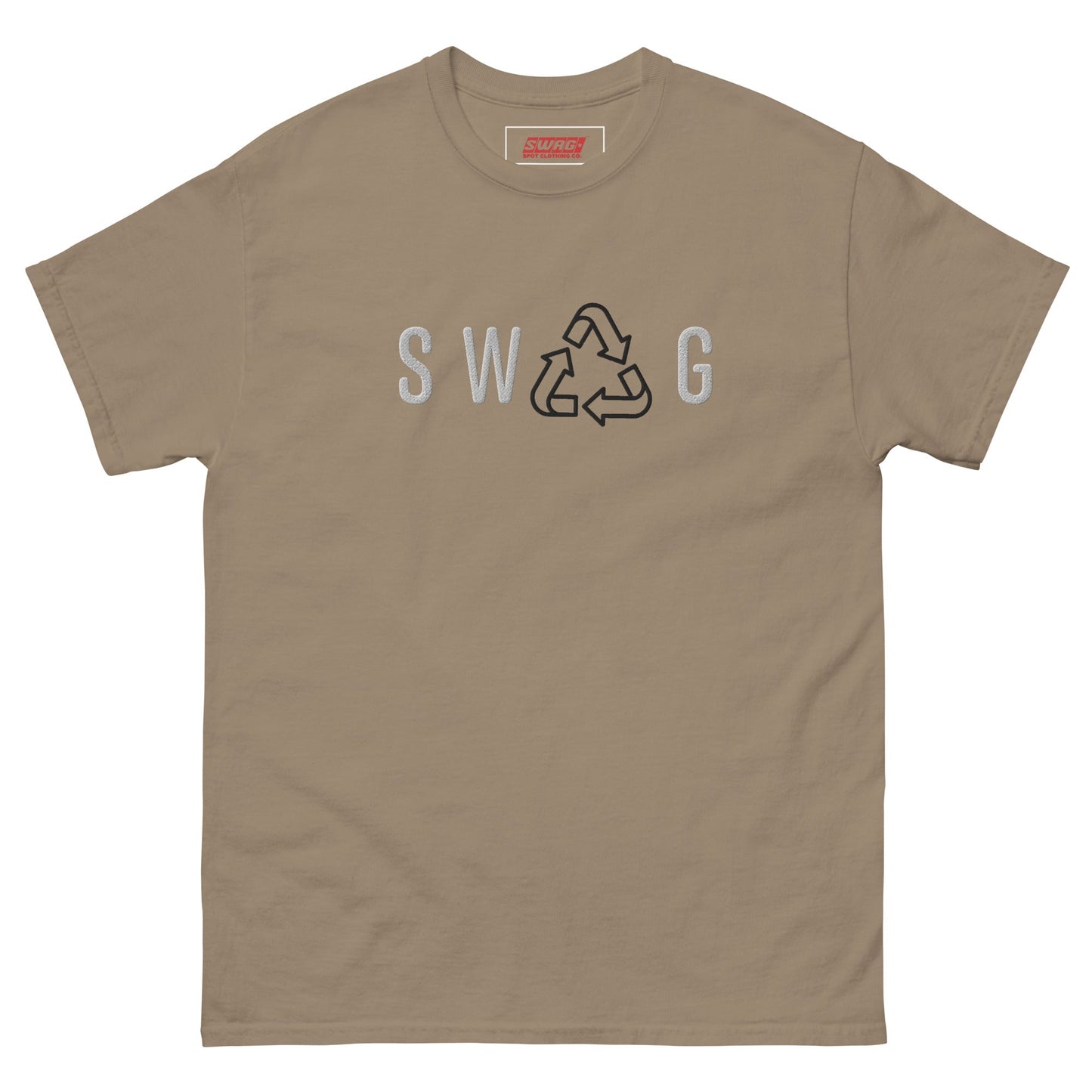 Recycled Swag Embroidered Men’s T-shirt in tan with SWAG lettering and recycle icon, offering a neutral tone for eco-conscious style.