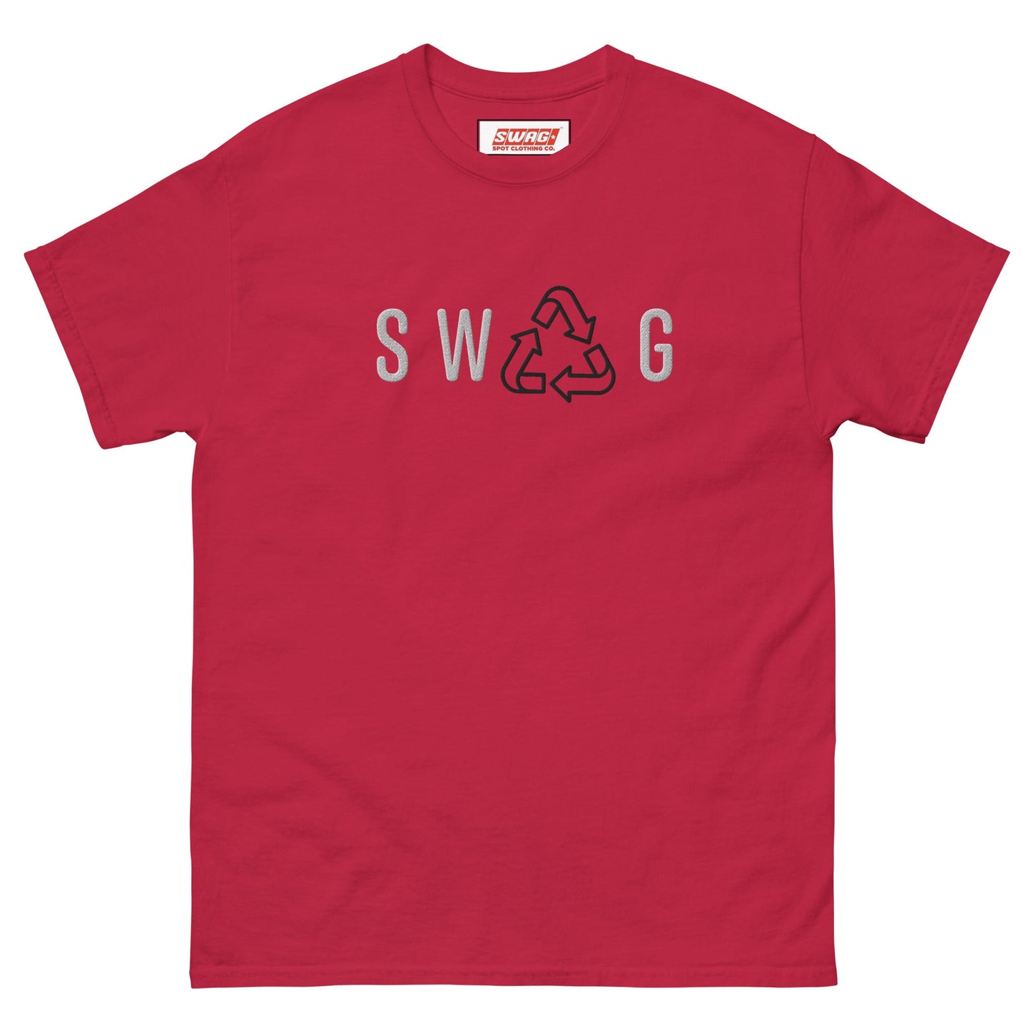 Recycled Swag Embroidered Men’s T-shirt in crimson red with embroidered SWAG and recycle icon, blending fashion and sustainability.