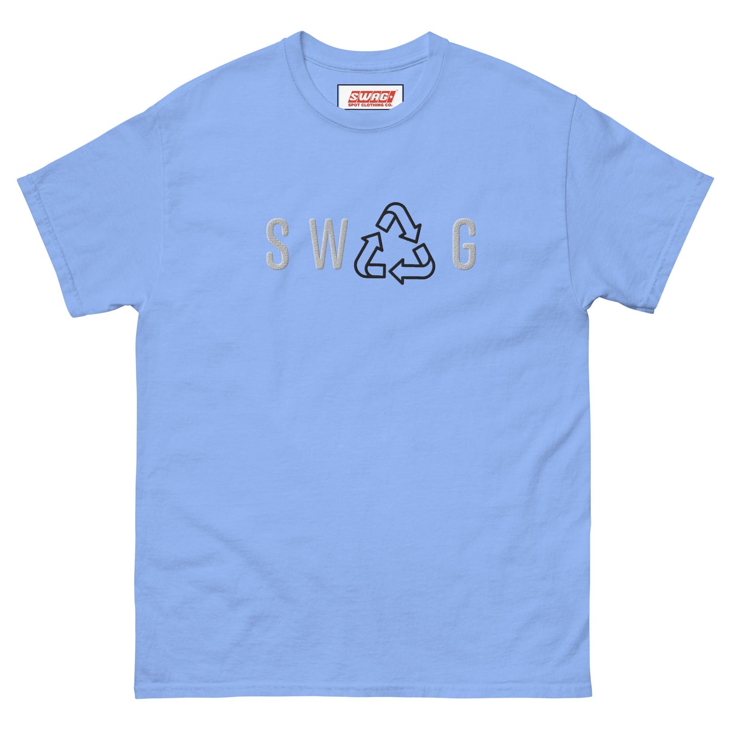 Recycled Swag Embroidered Men’s T-shirt in light blue featuring SWAG and recycle symbol, a soft-toned sustainable fashion staple.
