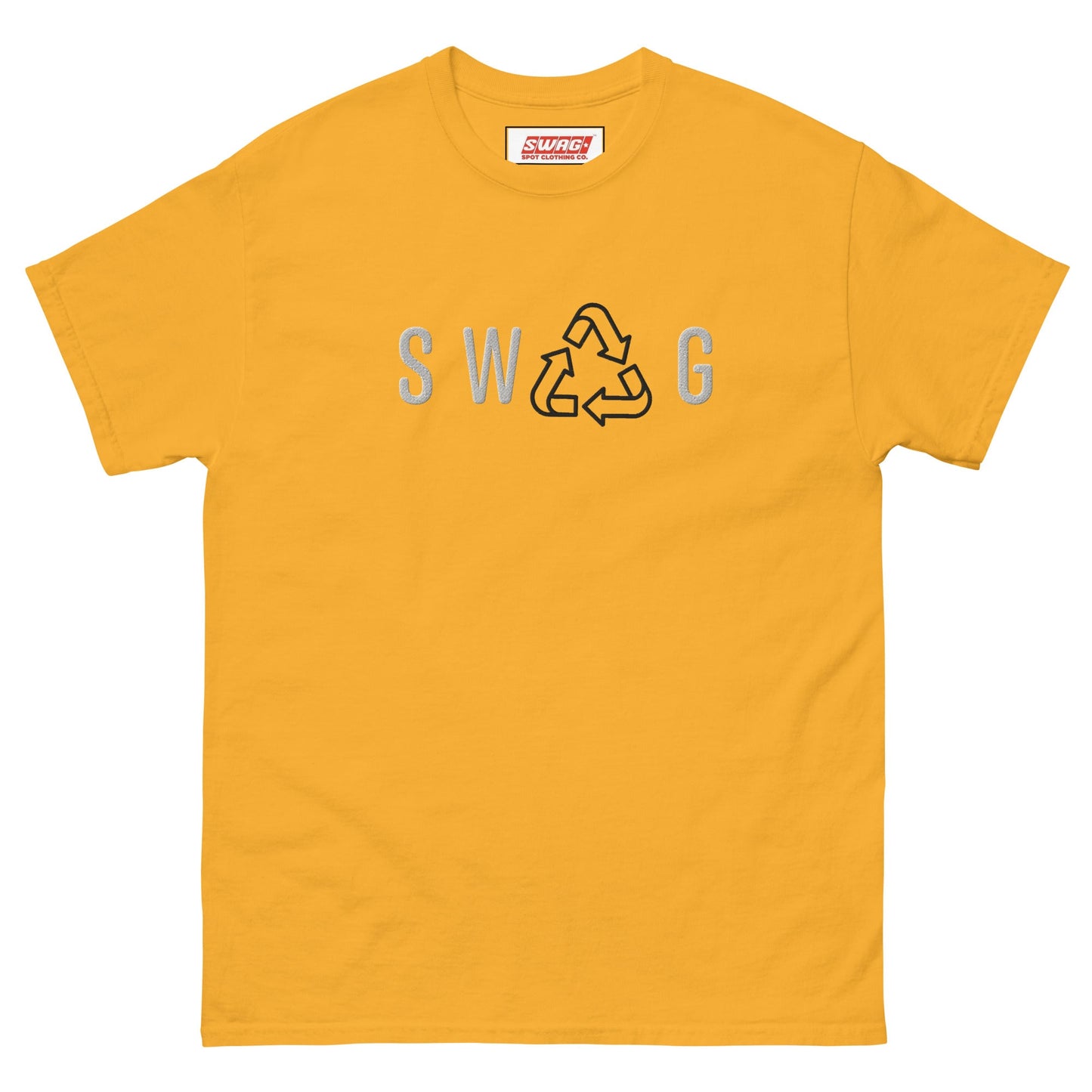 Recycled Swag Embroidered Men’s T-shirt in mustard yellow with SWAG and recycle embroidery, bold and eco-conscious men’s apparel.