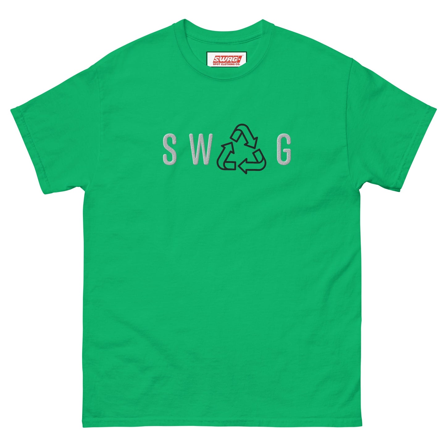Recycled Swag Embroidered Men’s T-shirt in green with SWAG and recycle symbol, a fresh take on sustainable men’s streetwear.