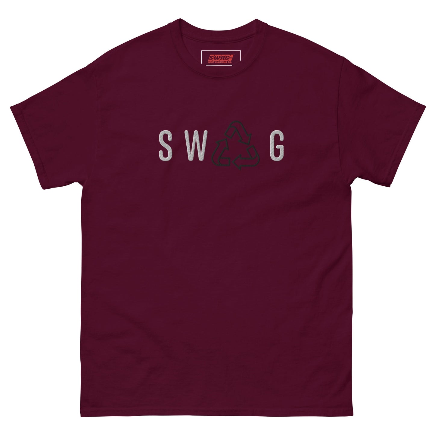 Recycled Swag Embroidered Men’s T-shirt in maroon featuring SWAG lettering and recycle icon, perfect for sustainable fashion lovers.