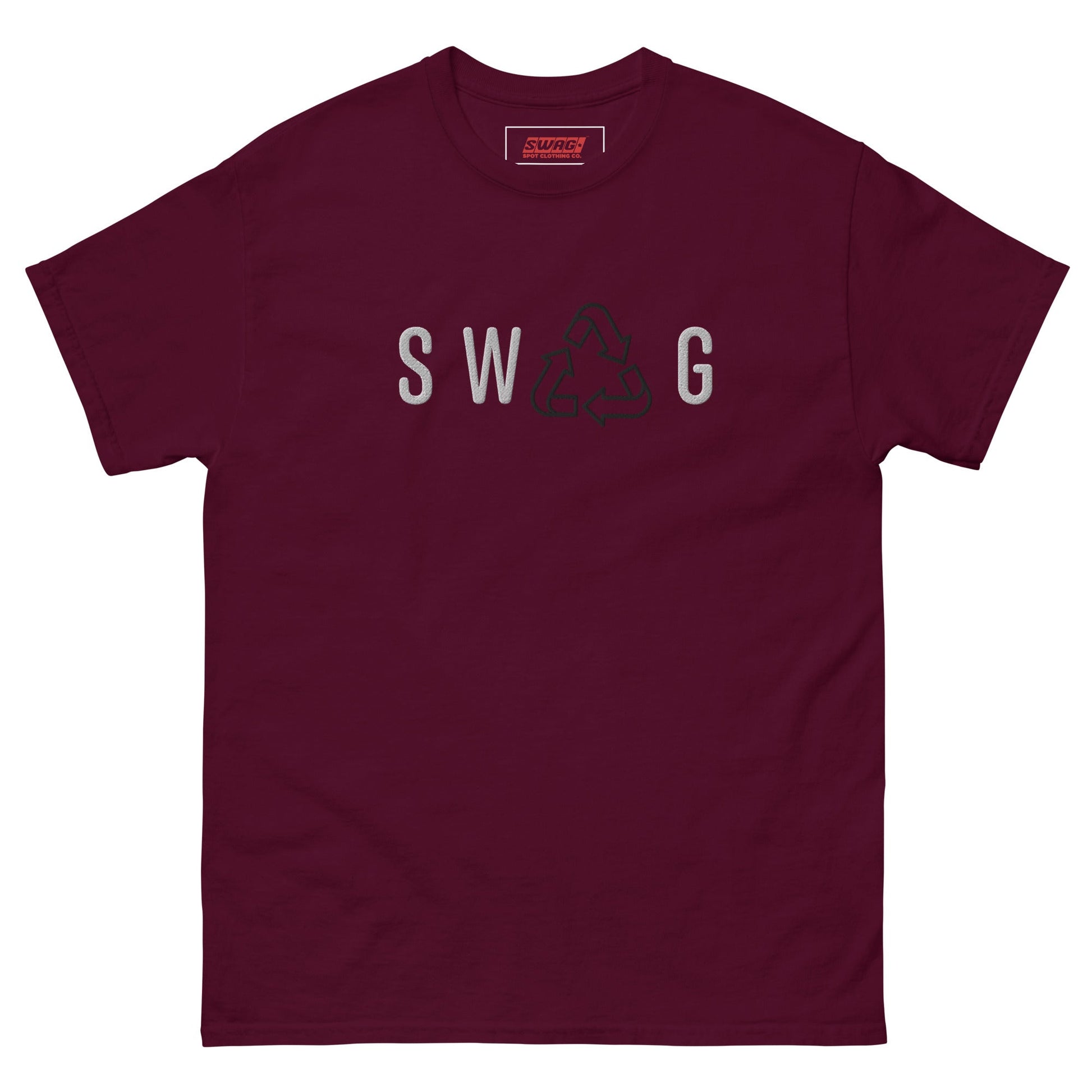 Recycled Swag Embroidered Men’s T-shirt in maroon featuring SWAG lettering and recycle icon, perfect for sustainable fashion lovers.
