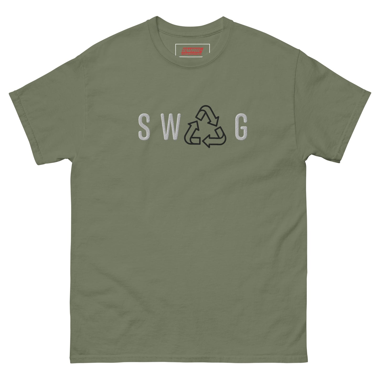 Recycled Swag Embroidered Men’s T-shirt in olive green featuring SWAG text and recycle logo, ideal for eco-friendly casual wear.