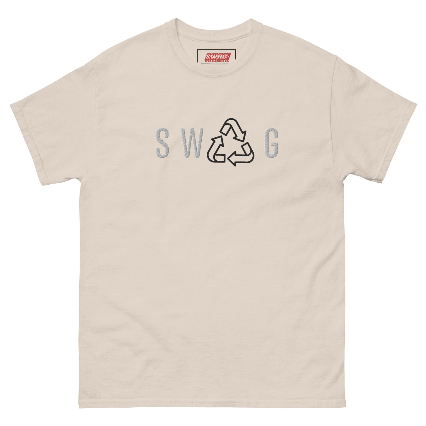 Recycled Swag Embroidered Men’s T-shirt in off-white with SWAG and recycle symbol, clean and eco-friendly men’s fashion choice.
