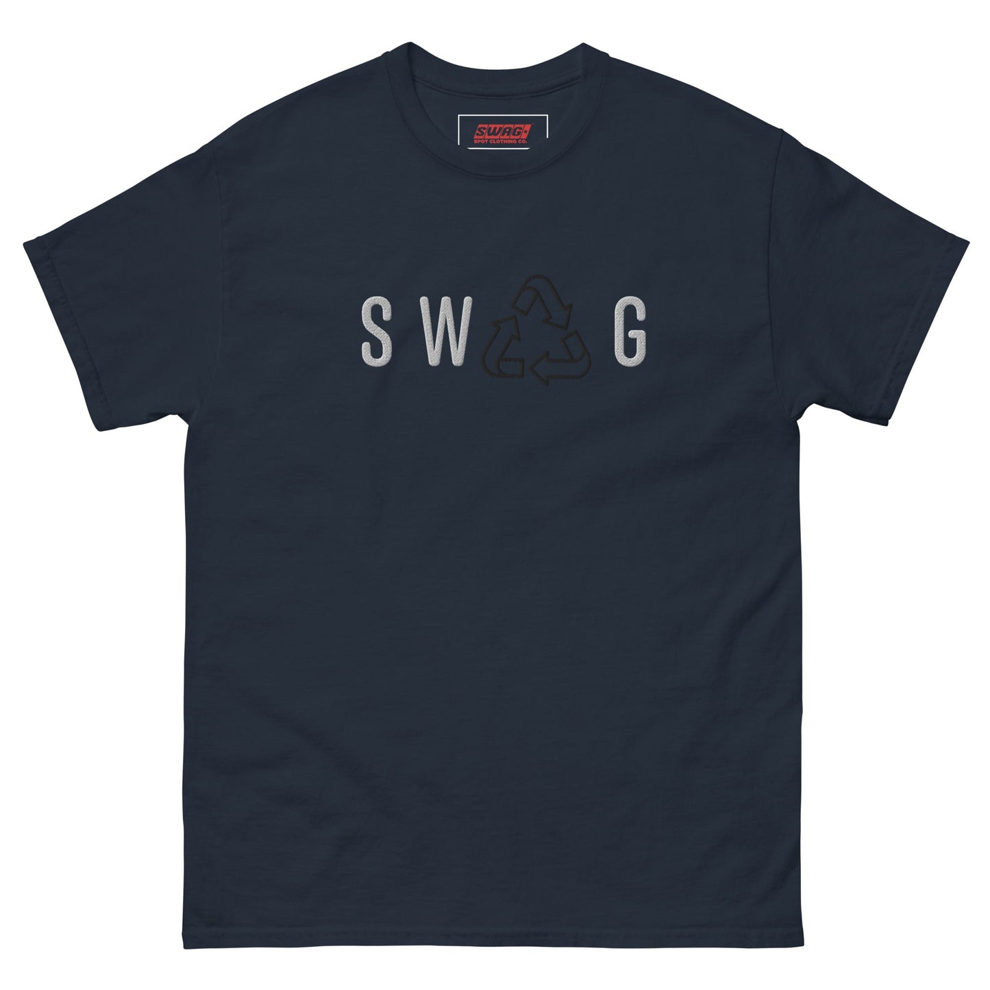 Recycled Swag Embroidered Men’s T-shirt in navy blue with embroidered SWAG and recycle logo, offering a structured eco-friendly look.