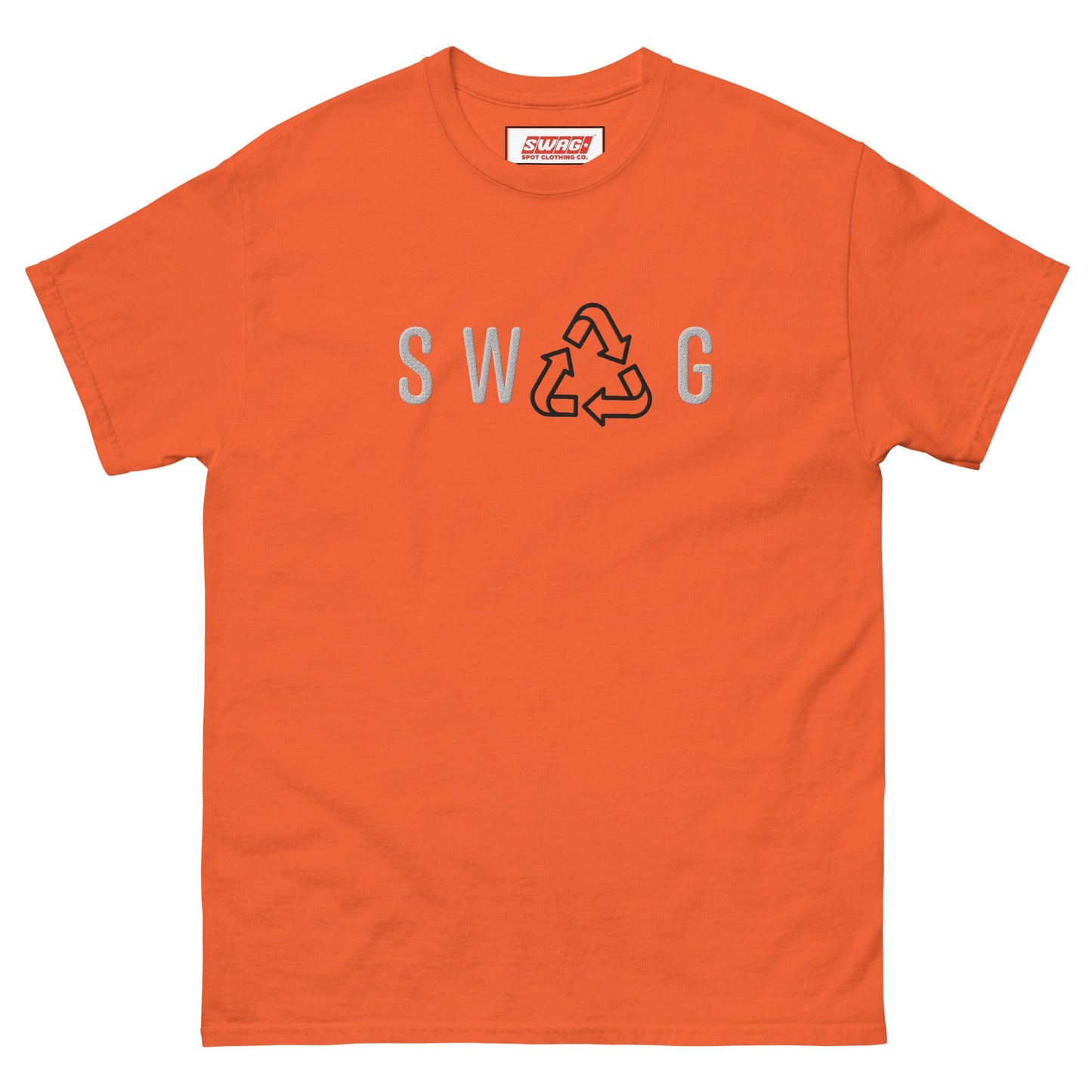 Recycled Swag Embroidered Men’s T-shirt in orange with SWAG and recycle symbol embroidery, perfect for vibrant sustainable fashion.