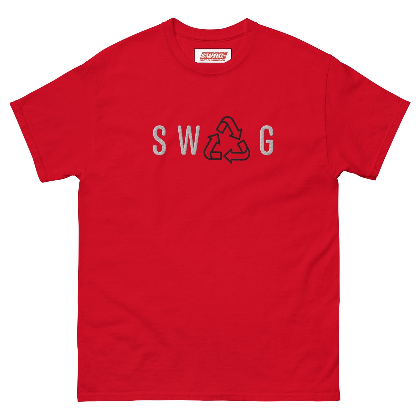 Recycled Swag Embroidered Men’s T-shirt in red showcasing SWAG and recycle symbol, a bold choice in eco-conscious men’s apparel.
