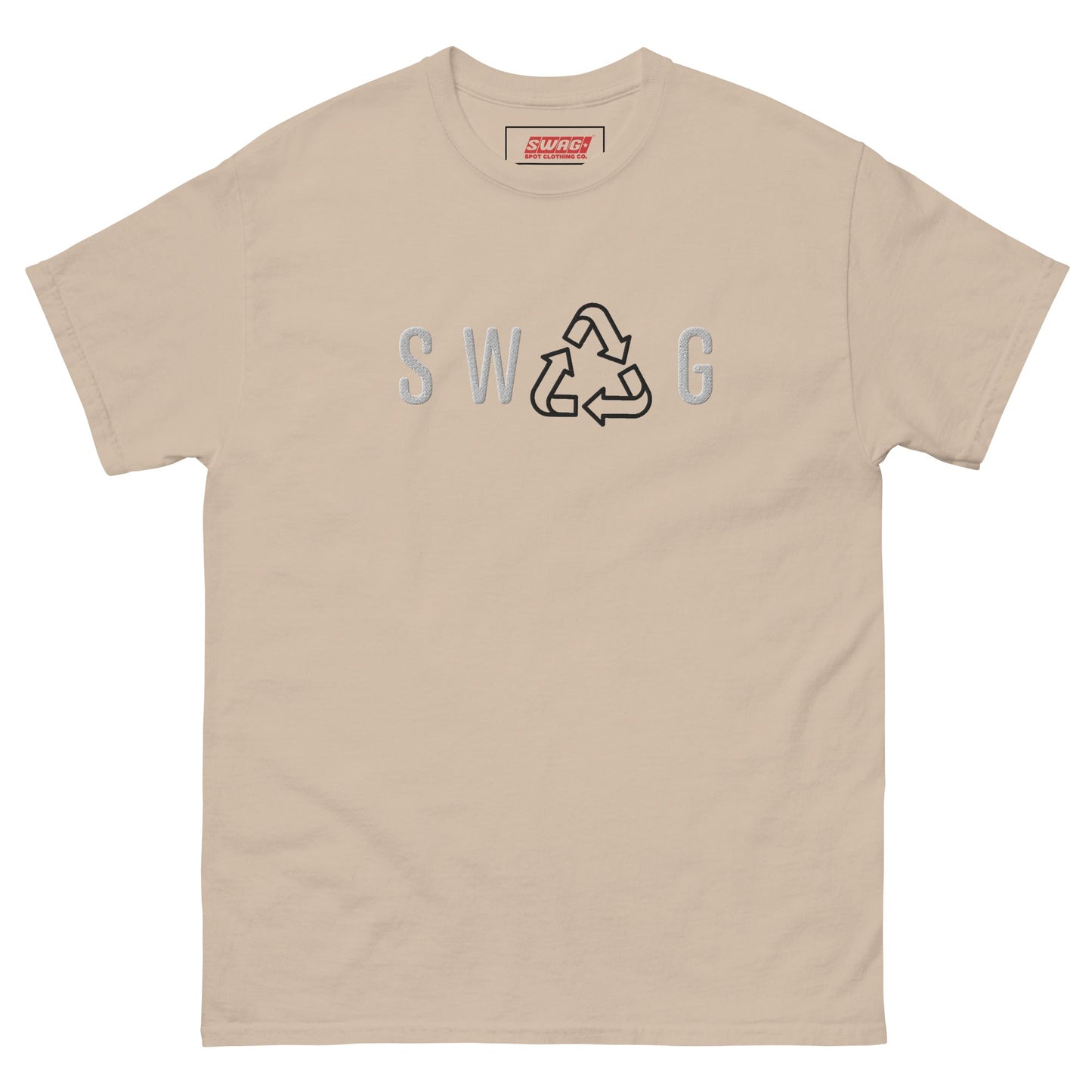 Recycled Swag Embroidered Men’s T-shirt in beige with SWAG text and recycle icon, offering a minimalist sustainable clothing option.