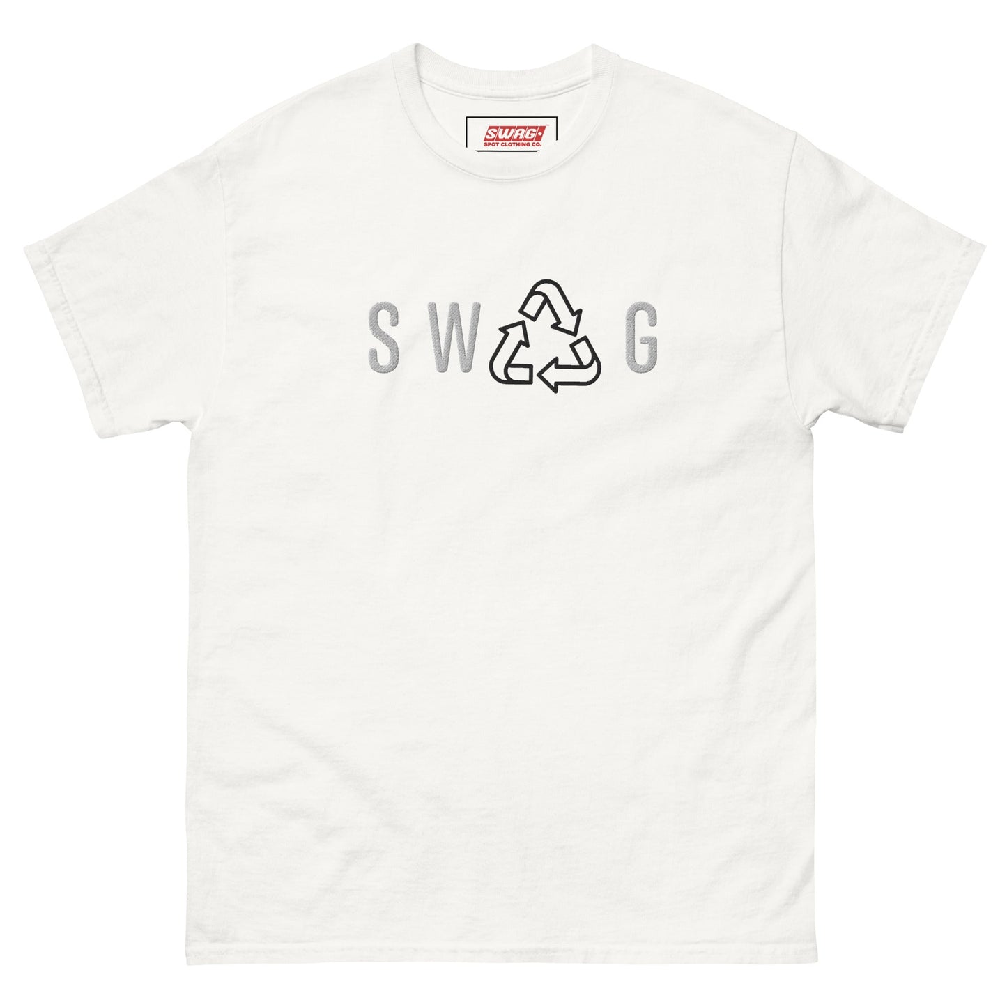 Recycled Swag Embroidered Men’s T-shirt in white featuring SWAG lettering and recycle logo, classic and sustainable wardrobe essential.