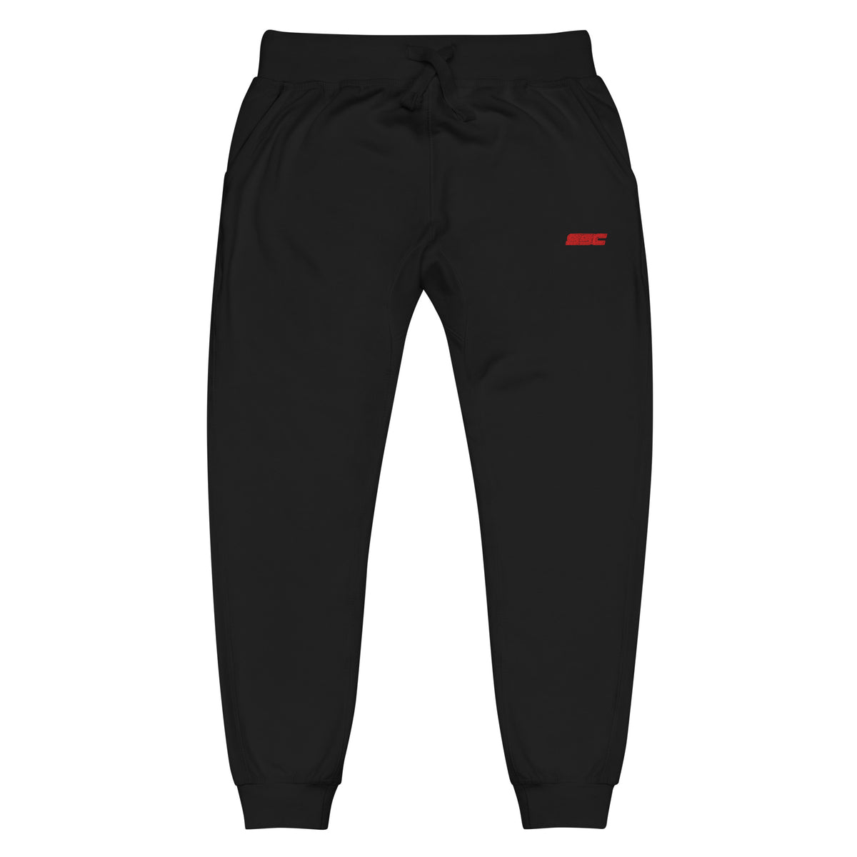 Front view of SSC Signature Black / Red Fleece Joggers with red upper-left-leg embroidery