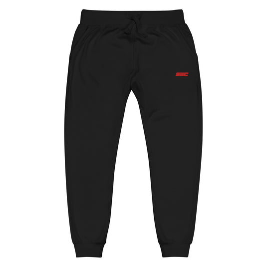 Front view of SSC Signature Black / Red Fleece Joggers with red upper-left-leg embroidery