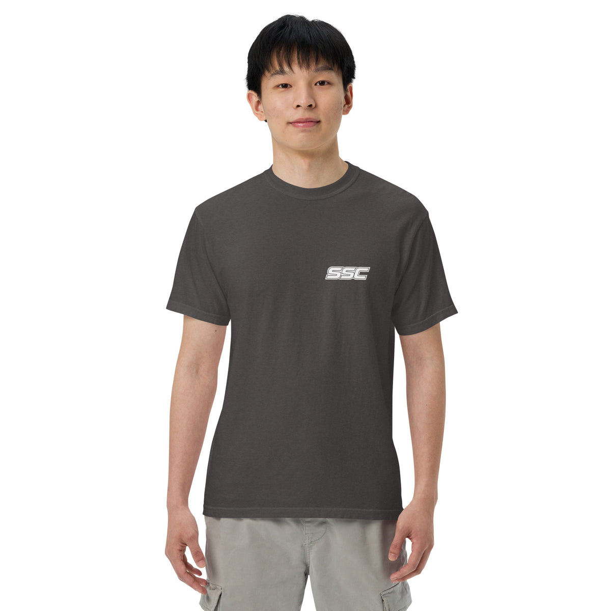 Front view of SSC NJ Collegiate heavyweight tee in Graphite with white SSC front logo