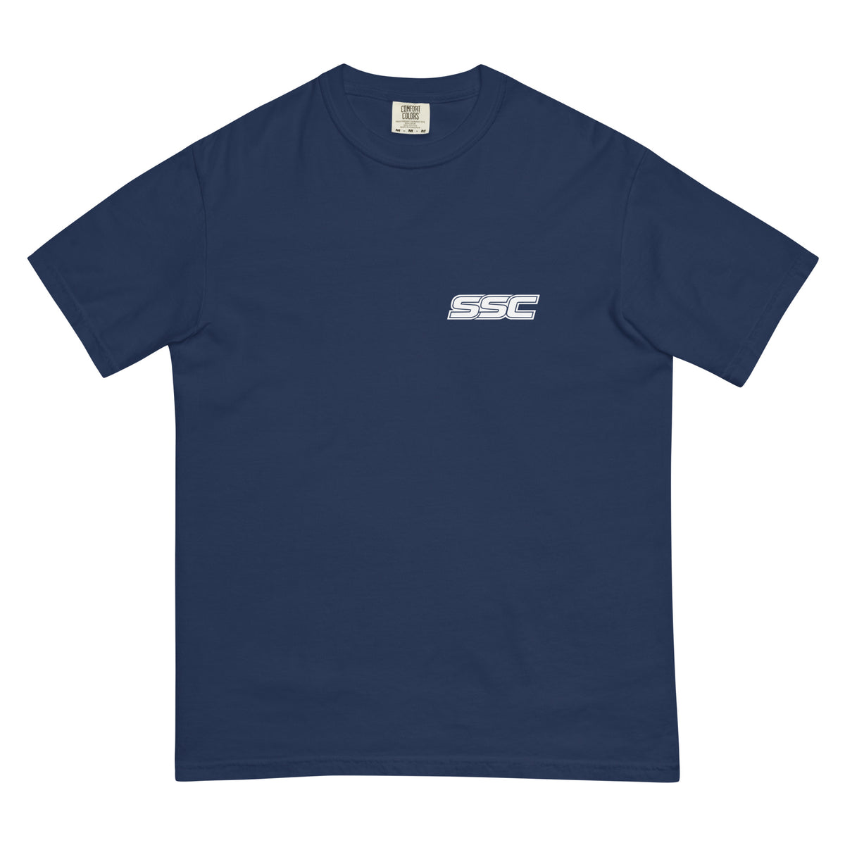 Front view of SSC NJ Collegiate heavyweight tee in True Navy with white SSC front logo